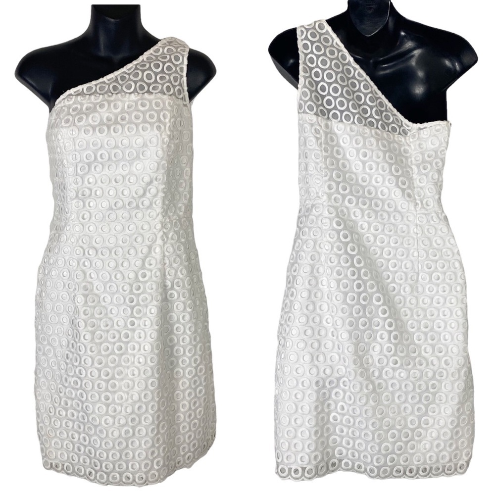 LILY PULITZER One Shoulder White Eyelet Sheath Dress 2 Cocktail Wedding Crochet - Picture 3 of 13
